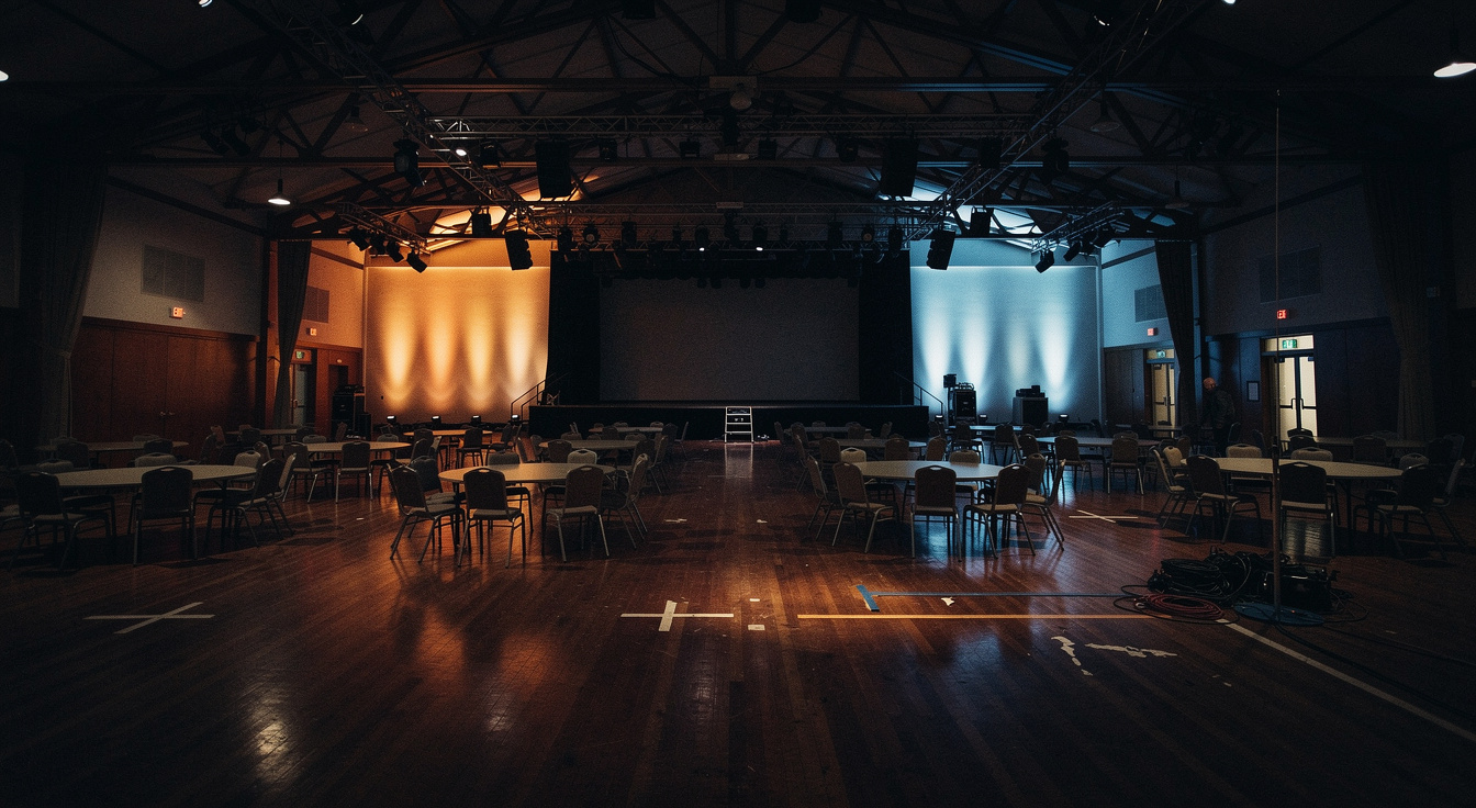 A full event venue glowing warmly at night