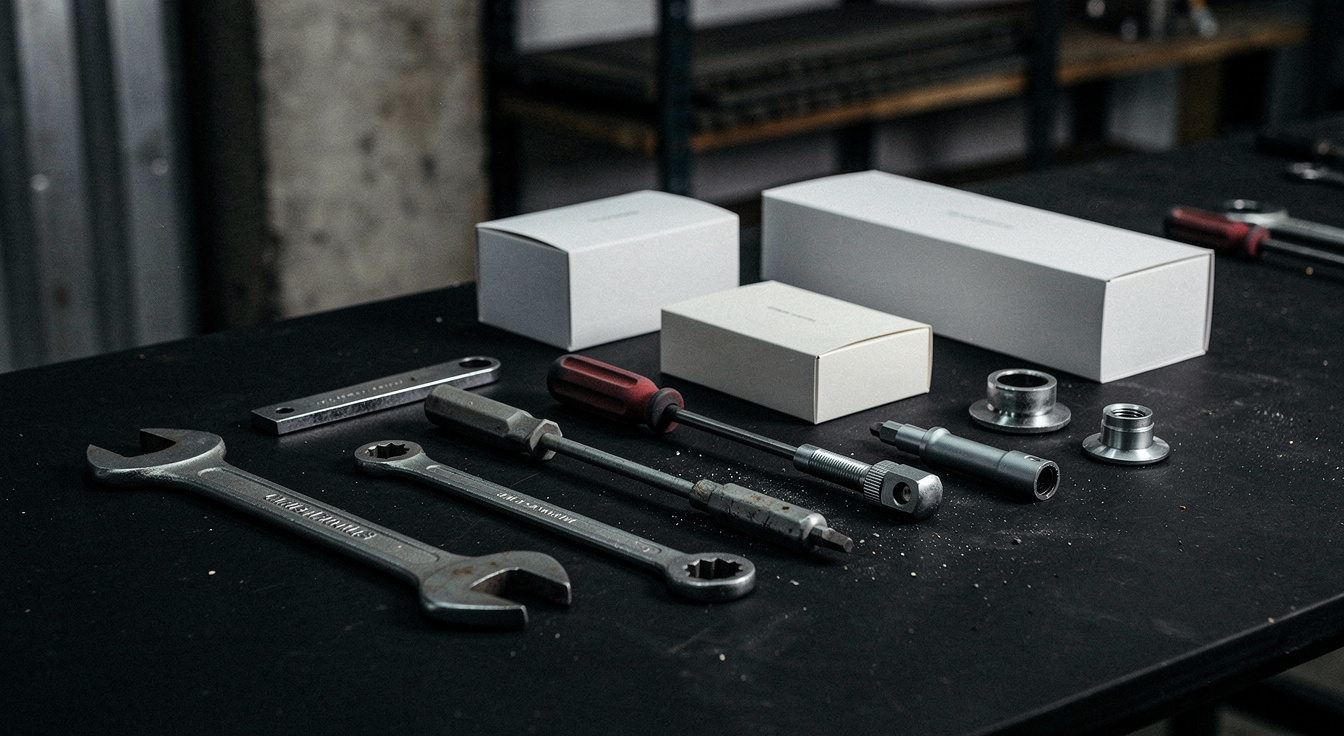 Ferrum Tools precision diesel-engine tooling and clean retail packaging arranged on a dark surface under dramatic product-photography lighting