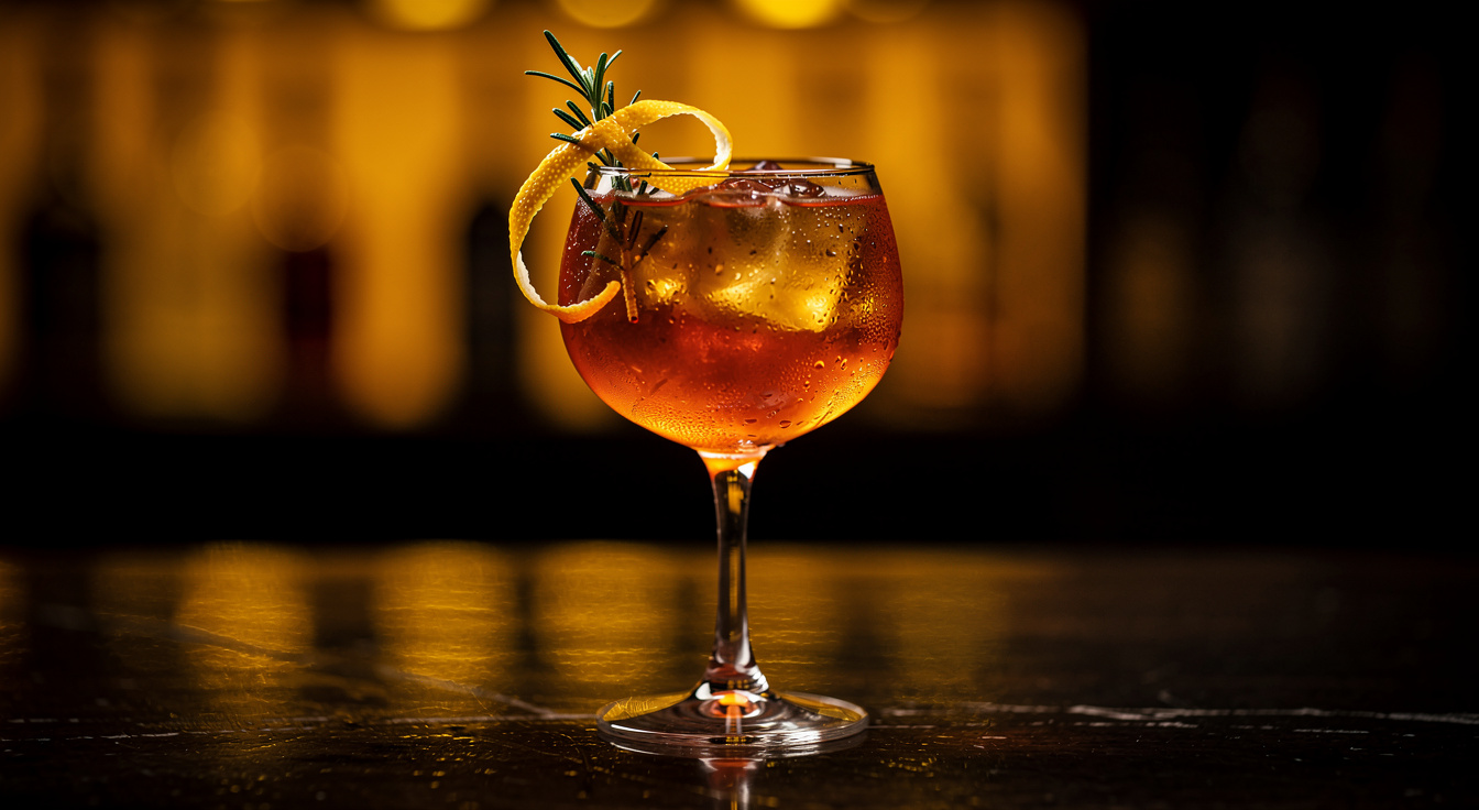 A beautifully crafted cocktail with garnish on a dark bar top with moody amber backlighting