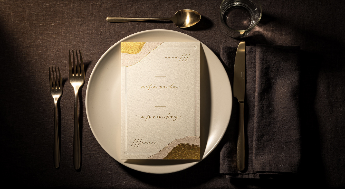 An elegantly designed restaurant menu card on dark linen with a place setting, overhead — the print identity a digital menu carries to the phone