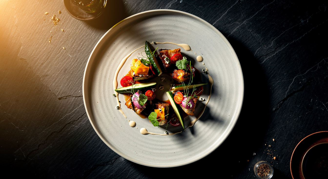 A beautifully plated gourmet restaurant dish photographed overhead on dark slate
