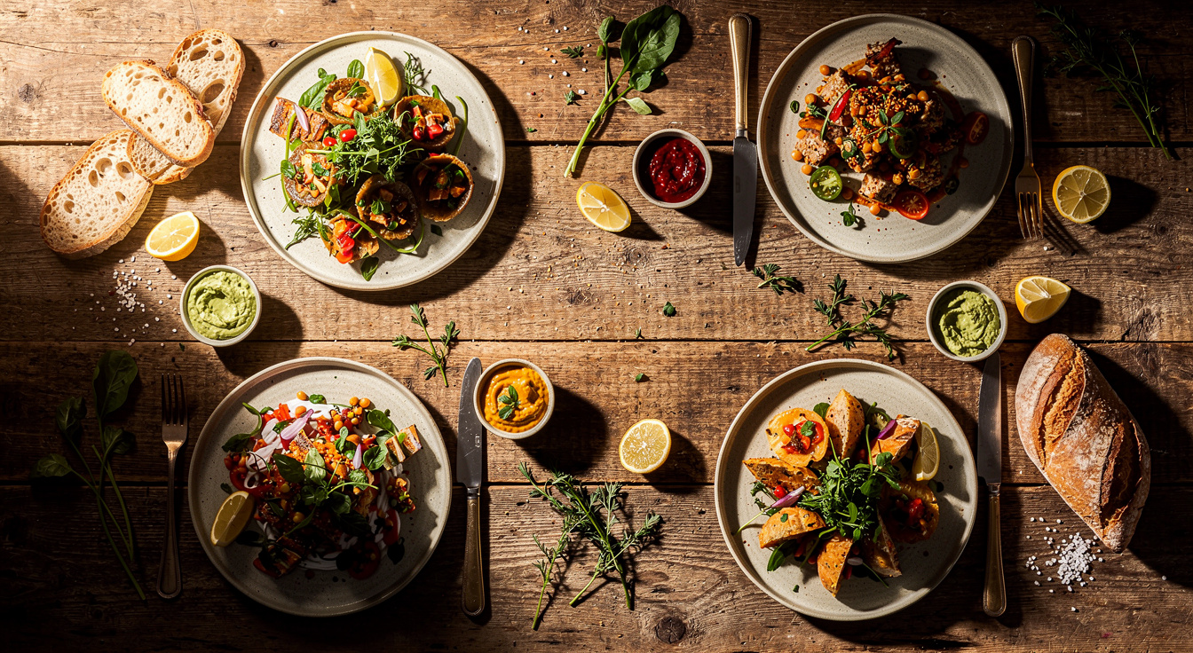 Overhead food photography of an artful restaurant spread of dishes and fresh ingredients on rustic wood
