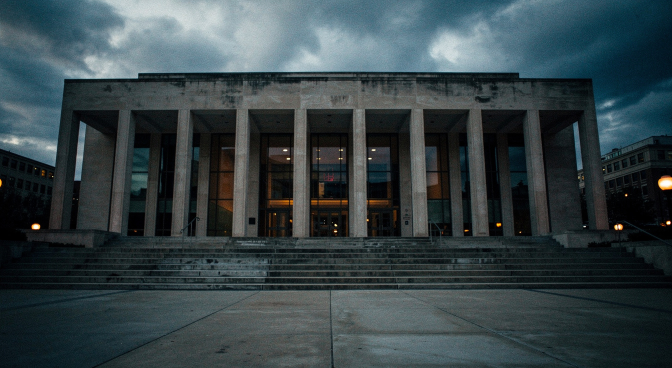 A modern government civic building exterior with strong columns under dramatic dusk lighting