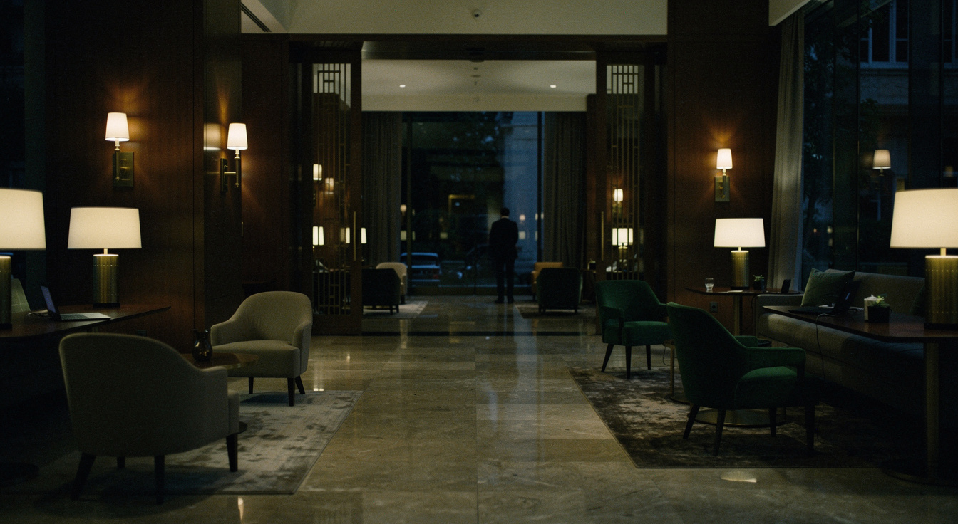 A warm resort lobby at golden hour