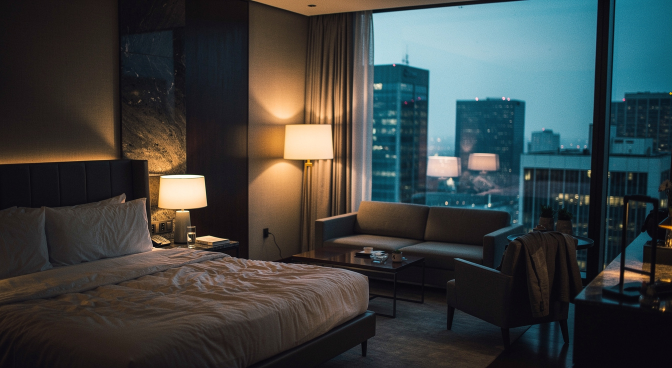 A luxurious hotel suite at dusk with warm lamp glow and a floor-to-ceiling city view