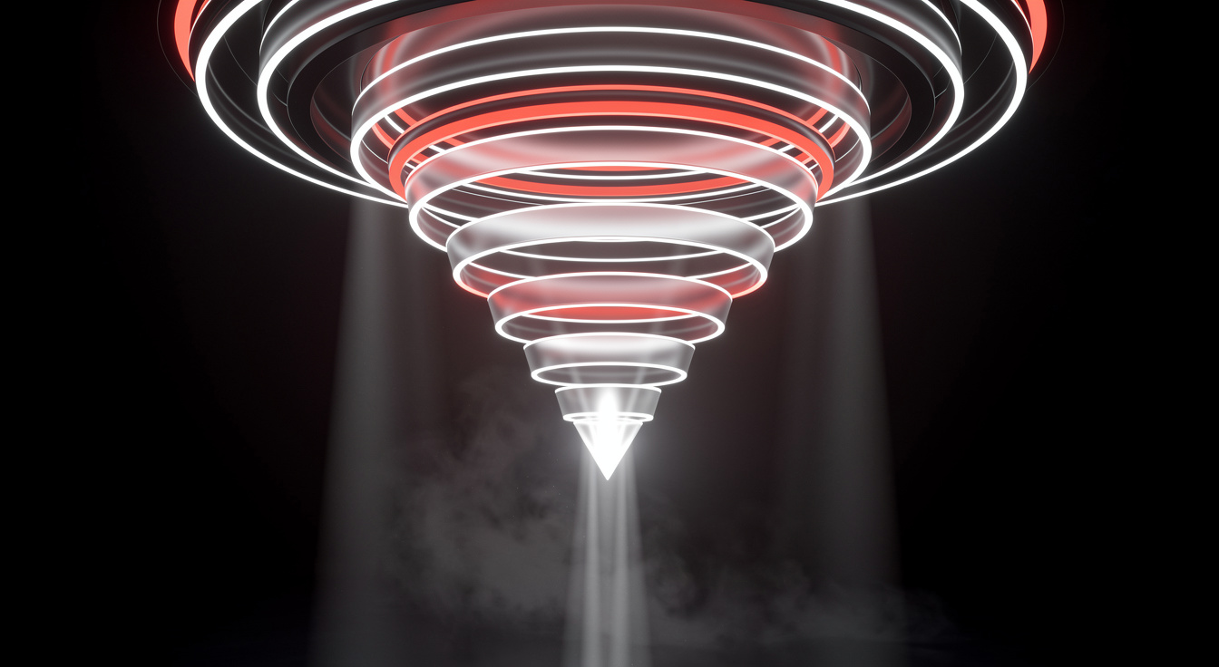 An abstract glowing enrollment funnel narrowing from inquiries to enrolled students