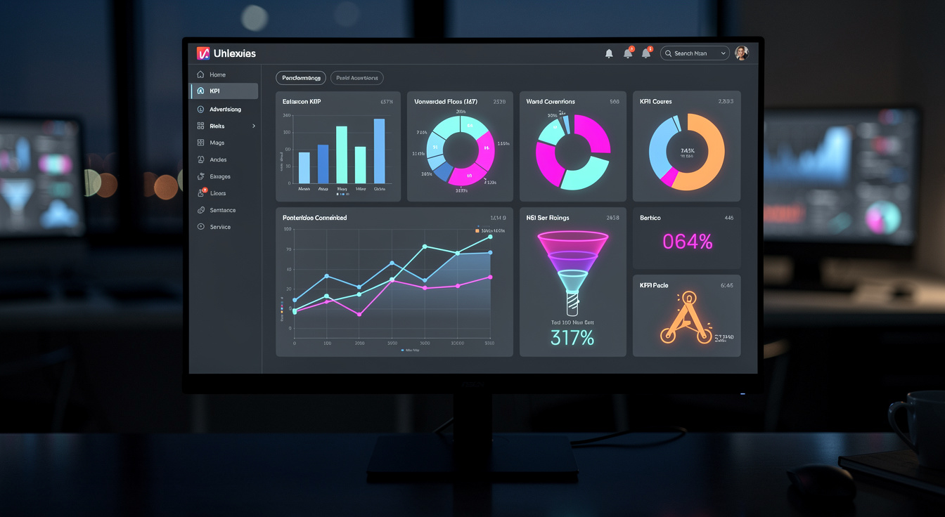 A glowing enrollment-attribution dashboard showing cost-per-applicant and channel ROI on a dark monitor