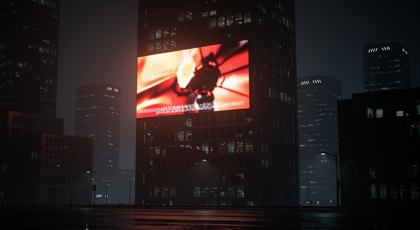 A glowing digital billboard on a dark city building at night, warm and red light
