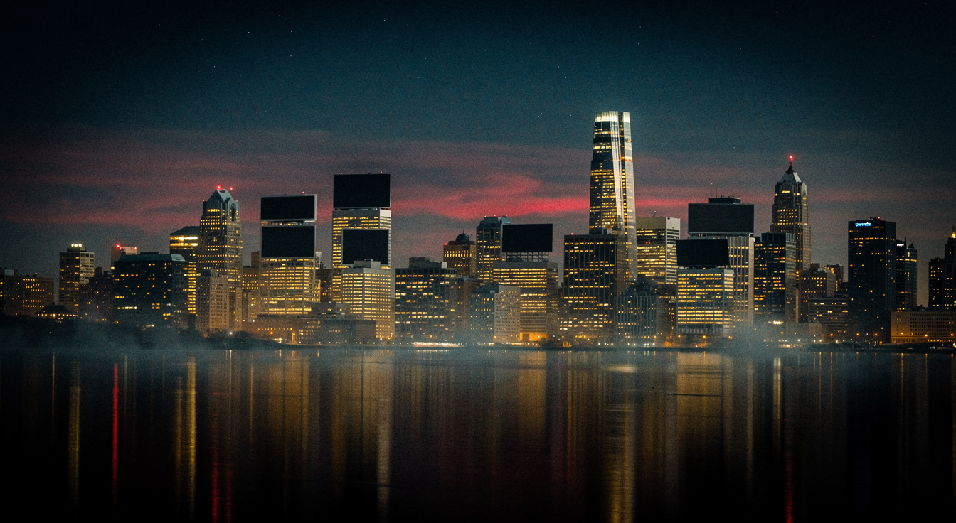 Moody statewide city skyline at night representing economic-development reach at scale