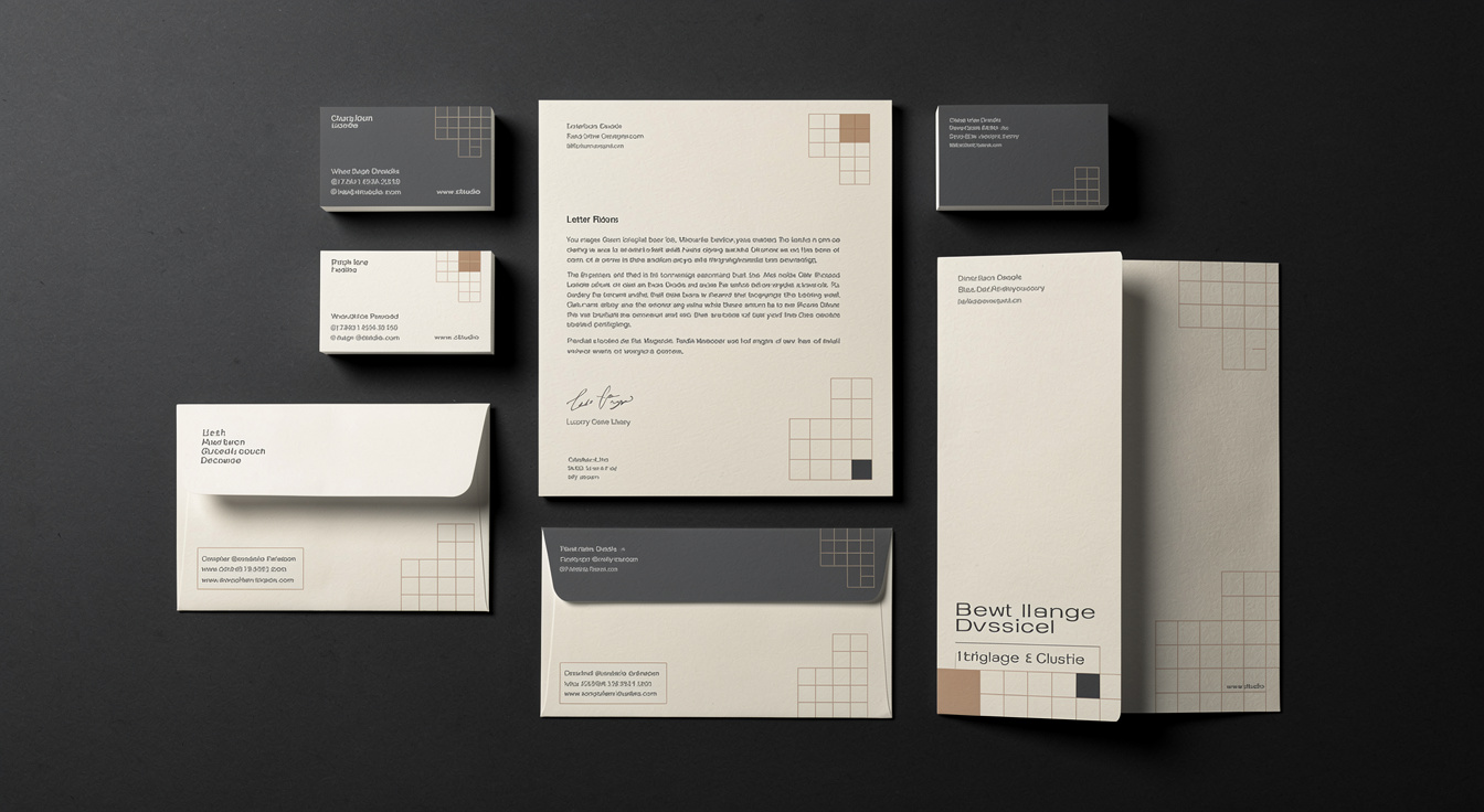 Printed brand collateral, business cards and stationery laid out on a dark surface to pressure-test a new visual identity across real touchpoints