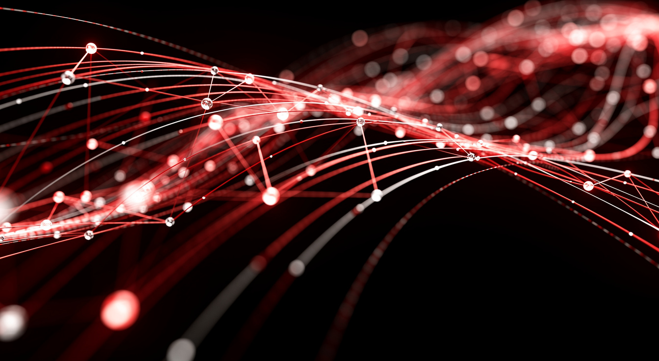 Glowing red and white data streams connecting nodes — triggers, lead scores and CRM syncs flowing through the automation engine