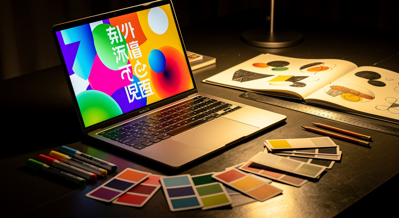 A designer's screen showing logo, color and typography explorations for a new visual identity system, surrounded by swatches on a dark desk