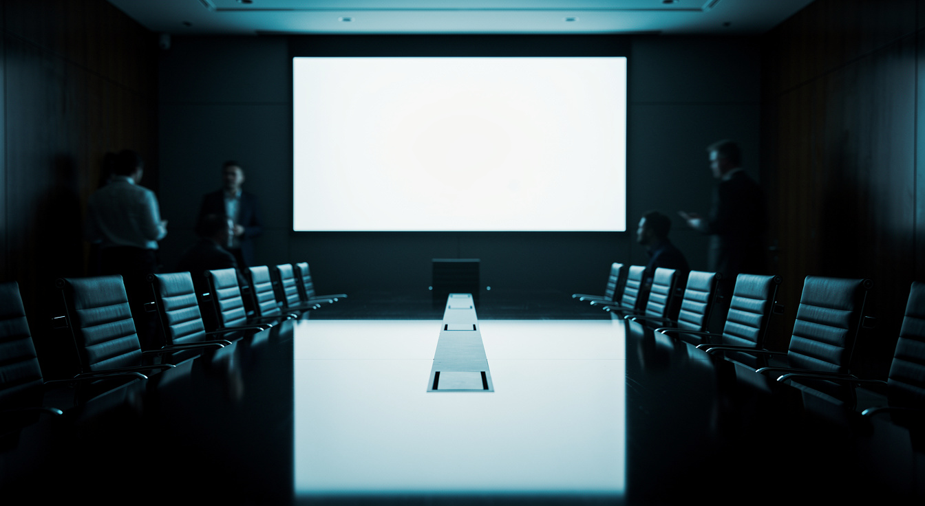 A senior communications team planning a campaign in a dark conference room with a glowing screen