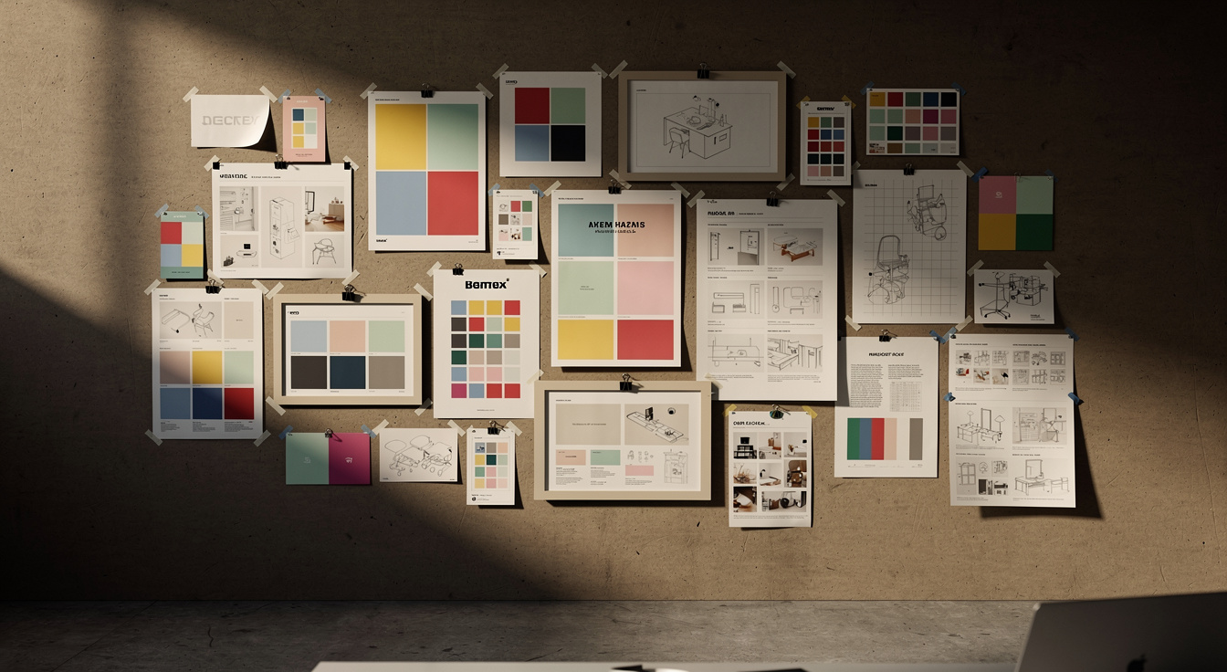 A studio wall of brand moodboards, color swatches and printed layouts where naming and identity directions are pinned up and pressure-tested