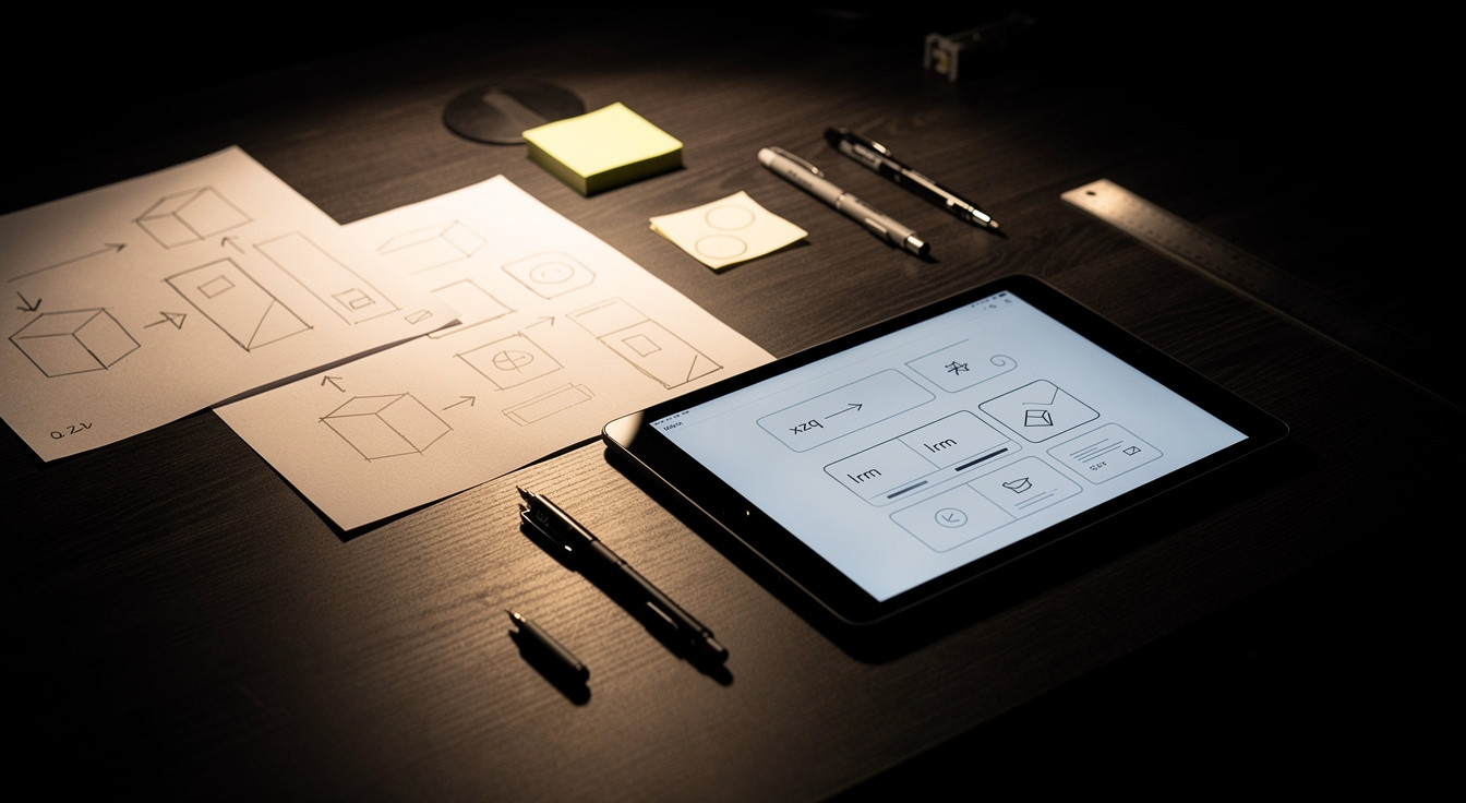 A designer's desk with wireframe sketches and a tablet showing the layout of an SEO engagement plan
