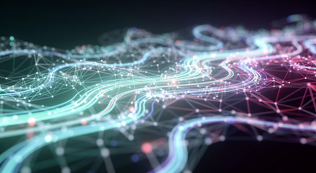 An abstract glowing network of connected search and link nodes on a dark background