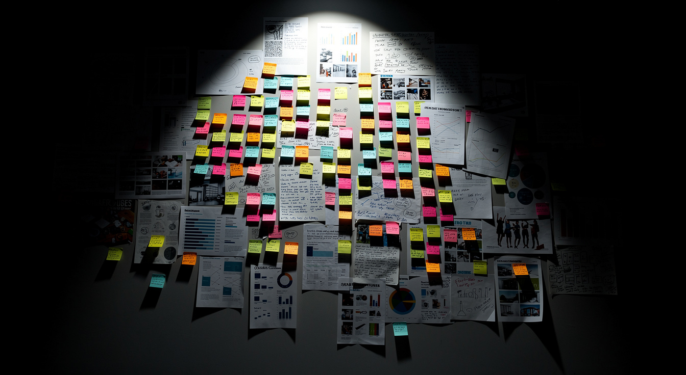 A higher-ed enrollment strategy wall with campaign notes and program positioning in a dark studio