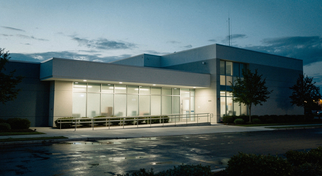A clean modern healthcare building exterior at dusk, calm and reassuring