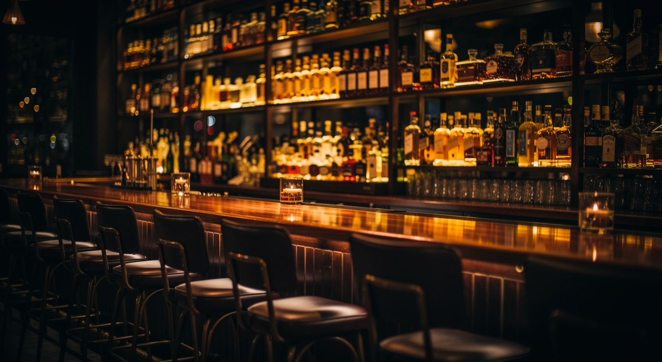 A moody craft cocktail bar with backlit bottles