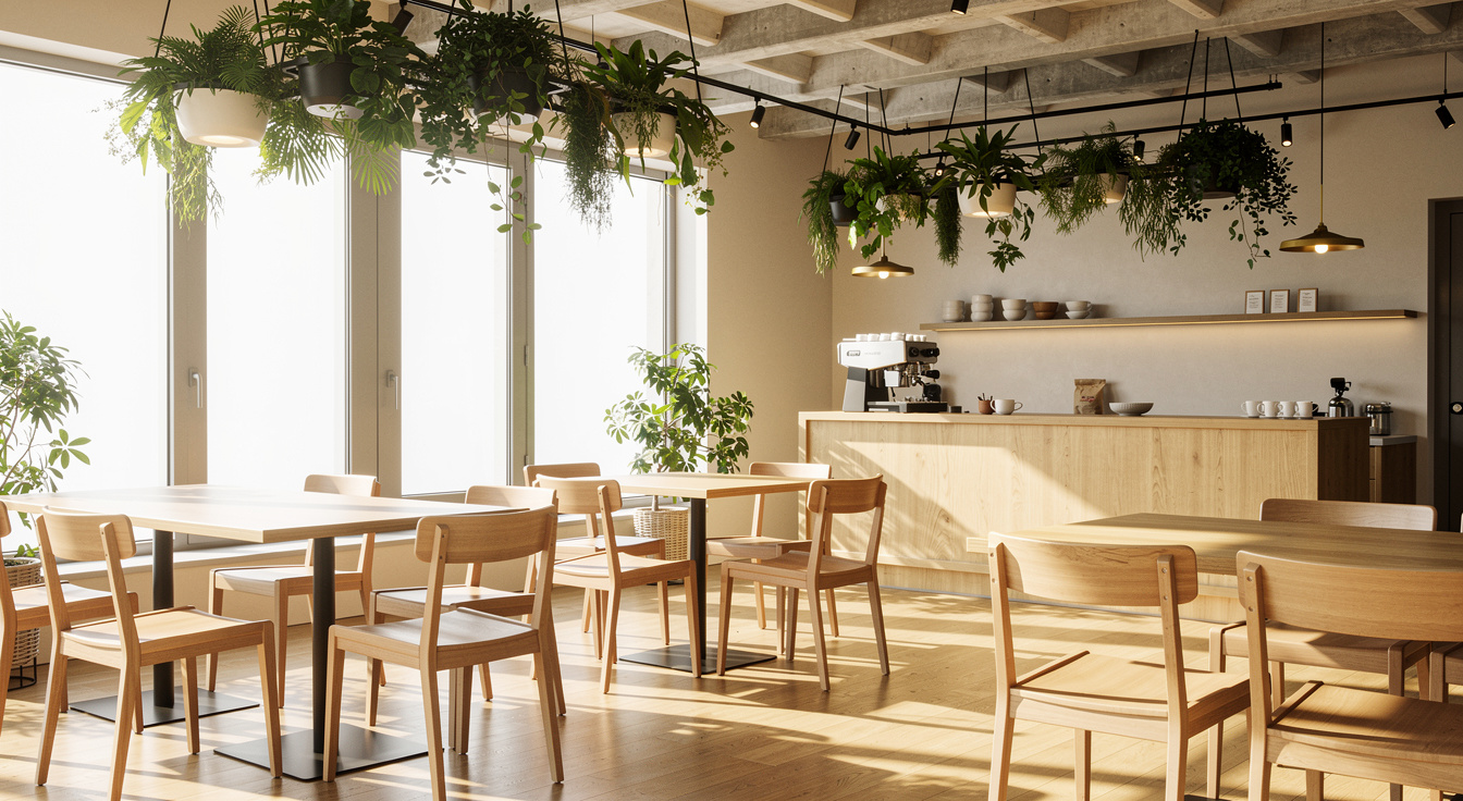 A sunlit specialty coffee shop interior with warm wooden tables, inviting return visits