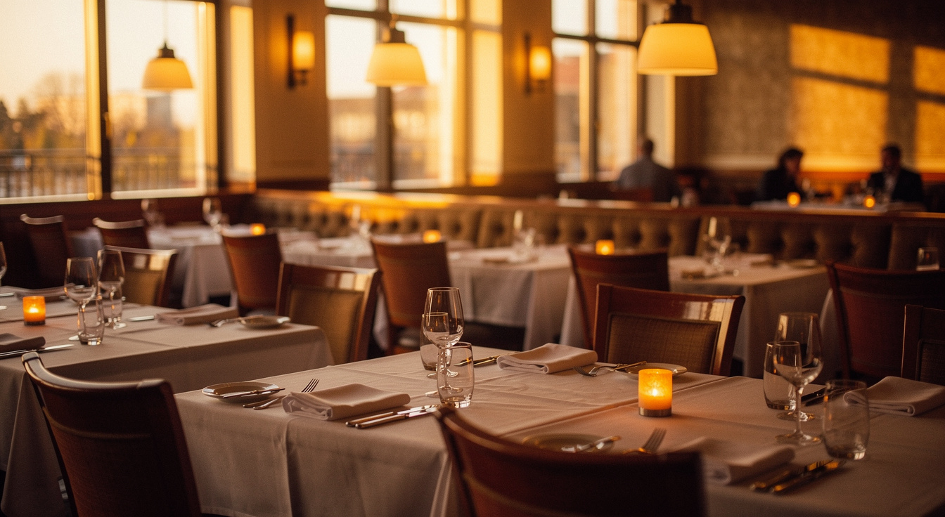 A warm upscale restaurant dining room at golden hour, elegantly set tables glowing in candlelight