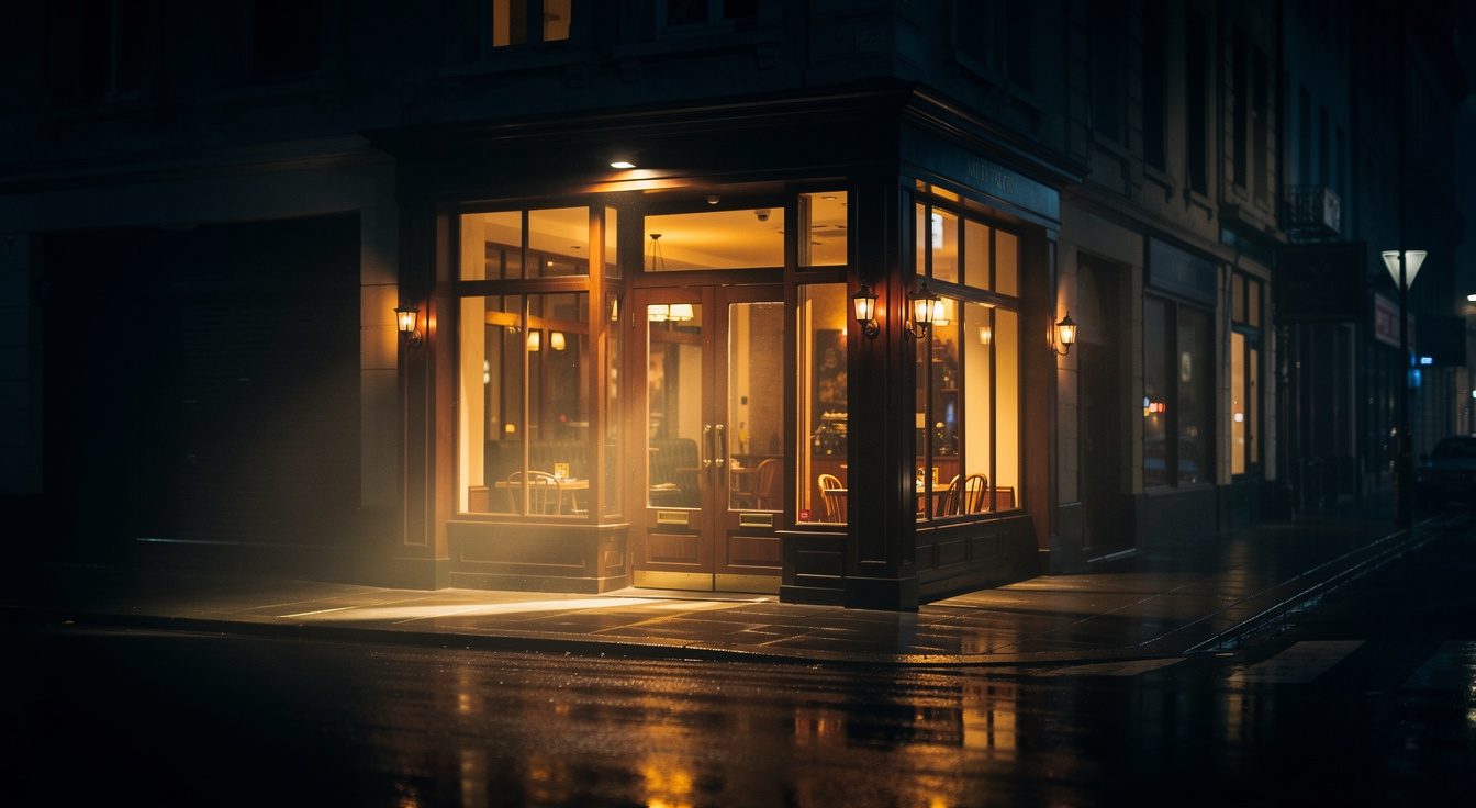 An inviting restaurant storefront glowing warmly at night on a quiet city street
