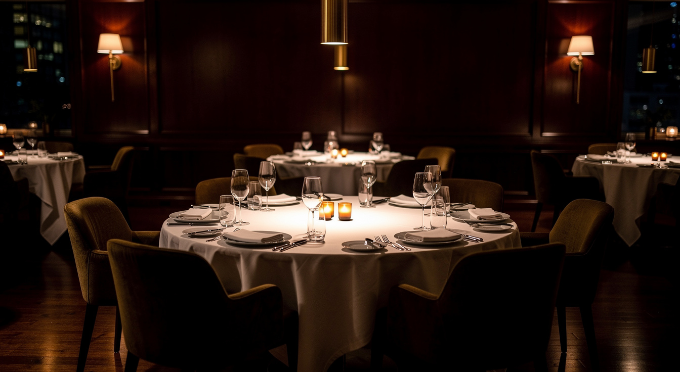 An elegant fine-dining restaurant interior set for service at night