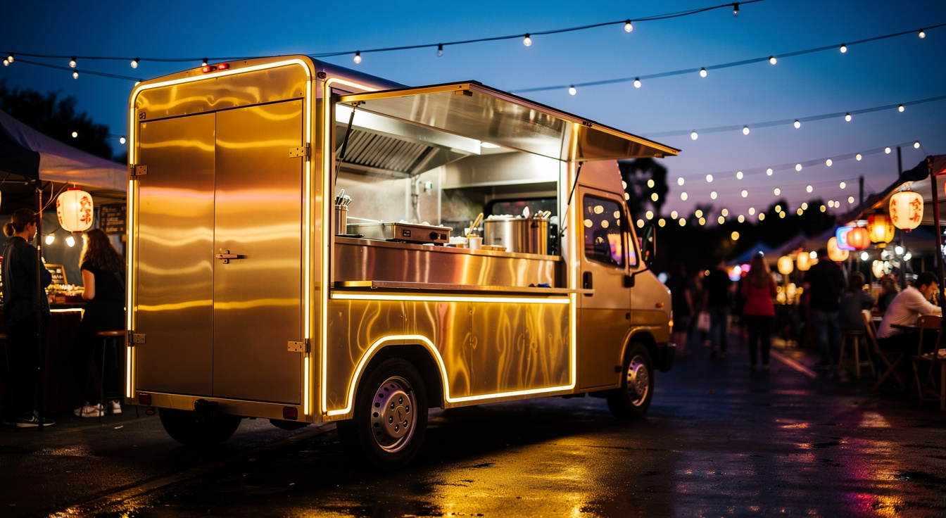 A gourmet food truck glowing at a street-food gathering at dusk