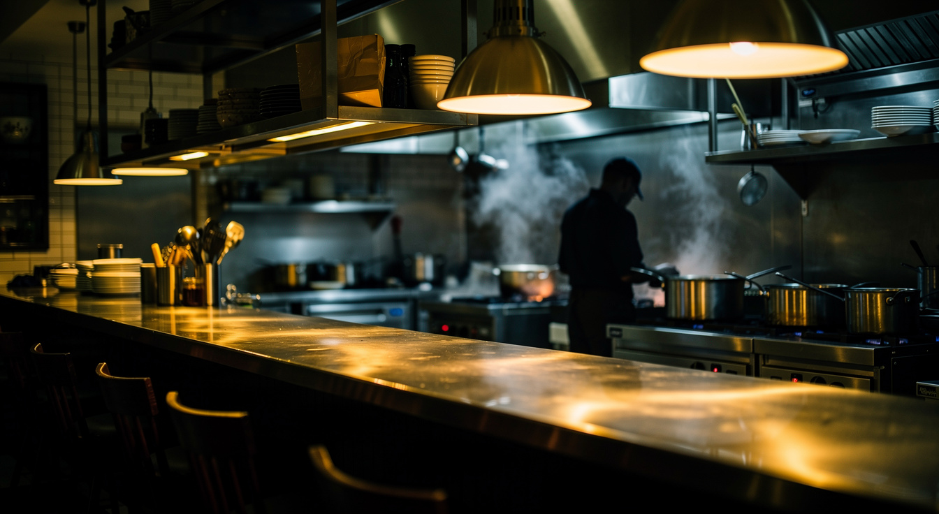 A professional open restaurant kitchen with gleaming stainless steel and warm pass lighting