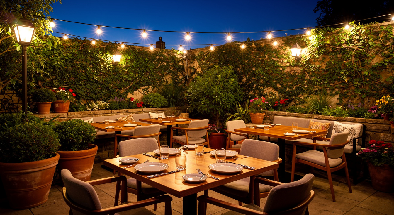 A warm restaurant patio strung with lights at dusk, set and ready for guests — the full Friday paid media is built to deliver
