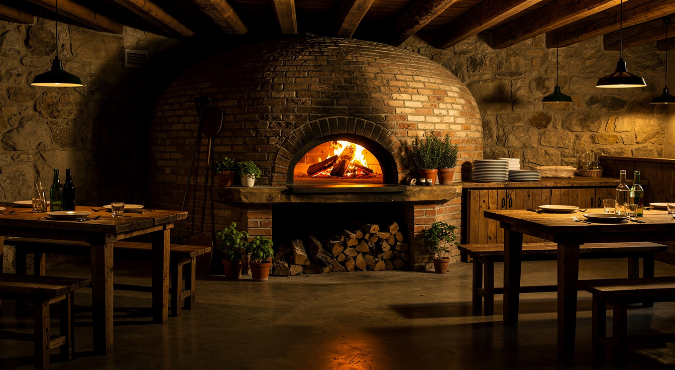 An artisan pizzeria with a glowing wood-fired oven