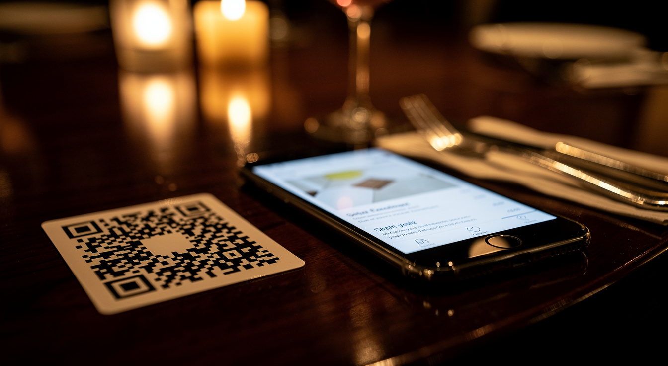 A guest scanning a QR code at a restaurant table to join loyalty and order from a digital menu, feeding the guest CRM