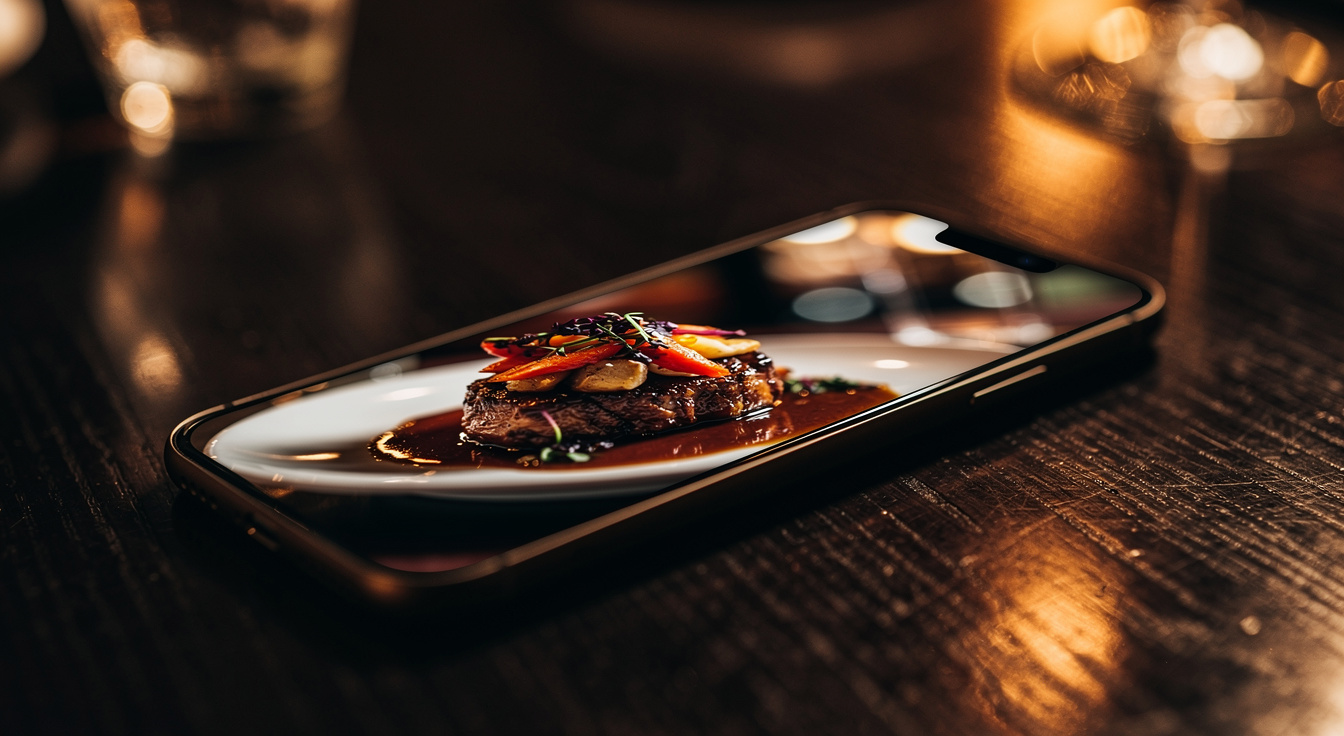 A restaurant social-media feed of food photos on a smartphone — paid social content Zoned Marketing runs for hospitality brands