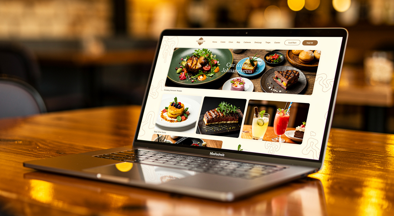 A modern restaurant website with appetizing food photography open on a laptop on a cafe table